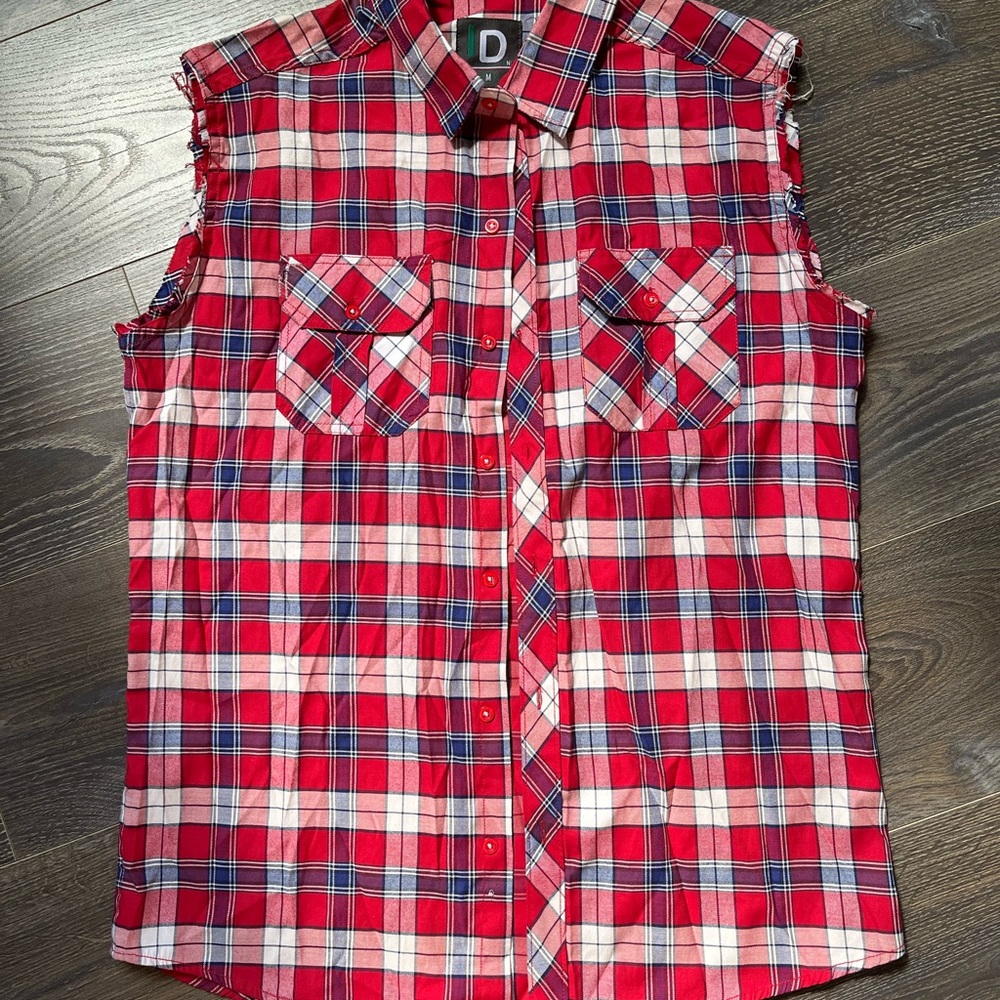 Red and White Plaid Sleeveless Button Up